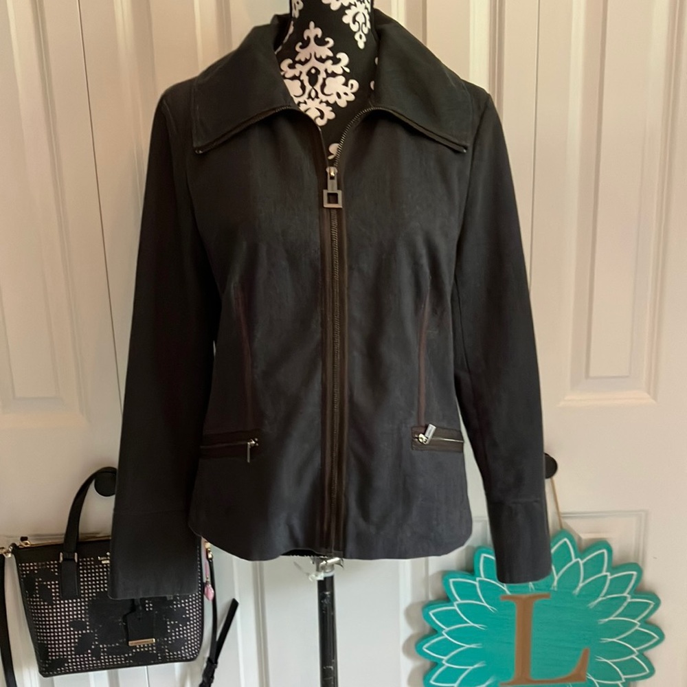 Fabulous dark gray jacket with brown zipper detail around collar and down front